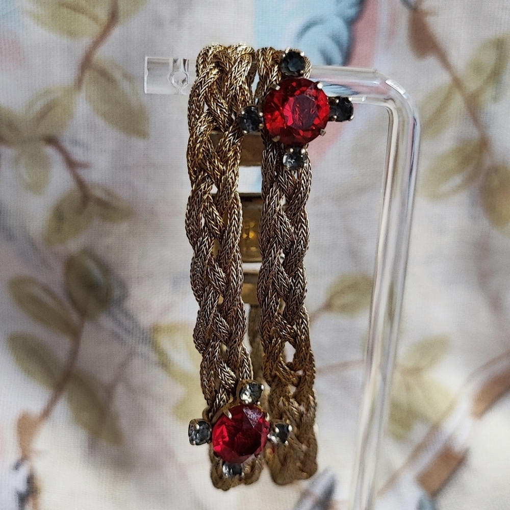 Dual Strand Braided Sterling Vintage Gold Wash Slide Bracelet Red & Gray Stones - Picture 3 of 15